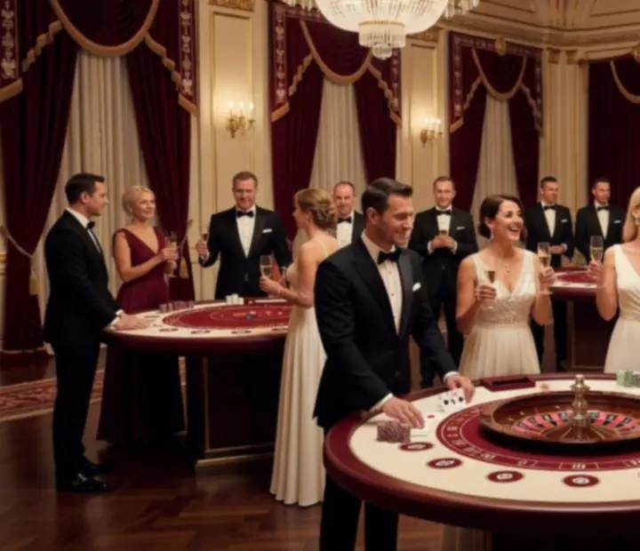 Trwający wieczór kasynowy: goście bawią się przy stołach pokerowych i ruletce w eleganckiej oprawie