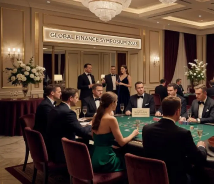 Elegancki firmowy wieczór kasynowy z gośćmi przy stołach pokerowych i ruletkowych