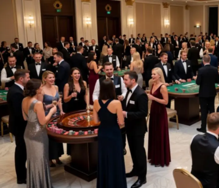 Gala firmowa w stylu kasynowym z elegancką oprawą i stołami do gry