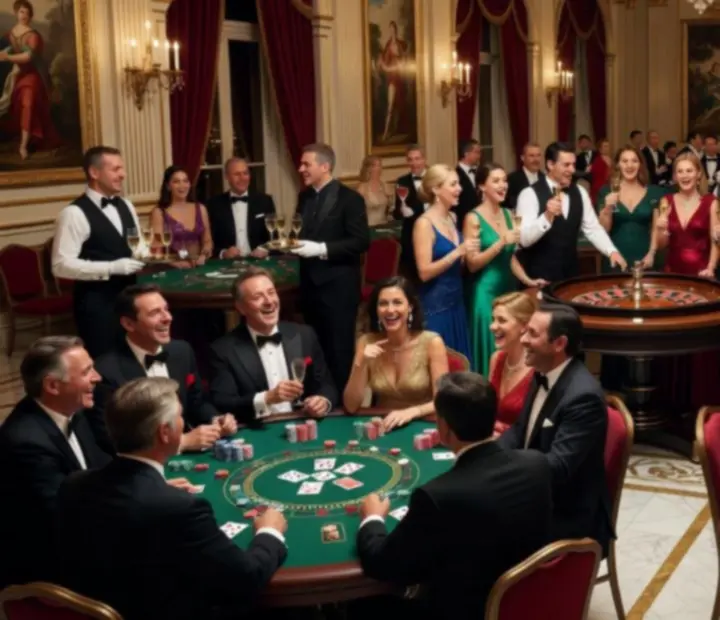 Goście bawiący się przy stołach pokerowych, ruletce i blackjacku podczas eventu casino-style
