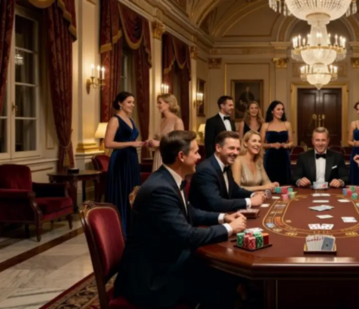 Elegancki wieczór kasynowy w klimacie cinema-style, goście grają rekreacyjnie przy stole bez pieniędzy.
