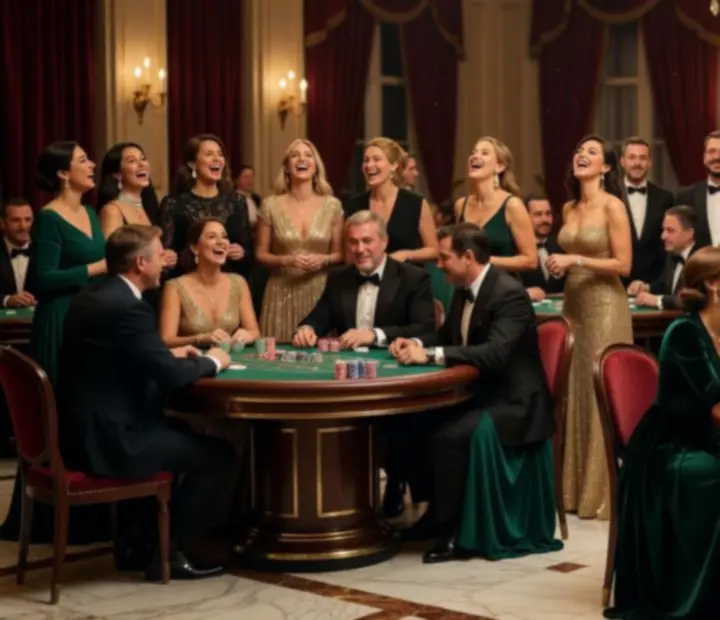Uśmiechnięci goście przy stołach do gry podczas wieczoru casino-style