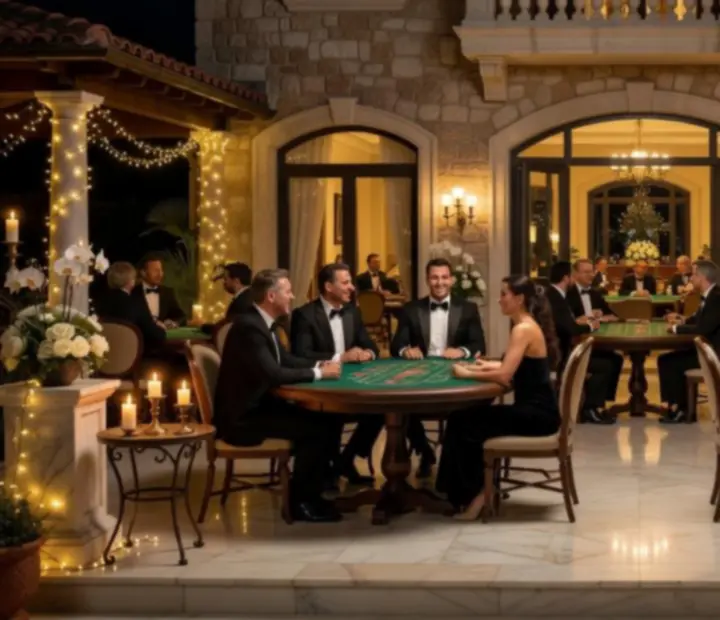 Prywatny wieczór kasynowy z gośćmi grającymi przy eleganckim stole do blackjacka w stylowym wnętrzu