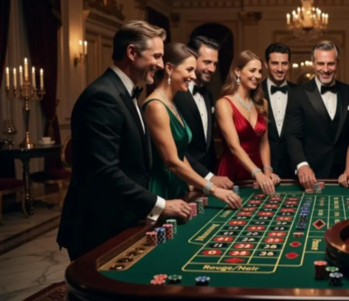 Uśmiechnięci uczestnicy wieczoru kasynowego przy stołach pokerowych i ruletkowych
